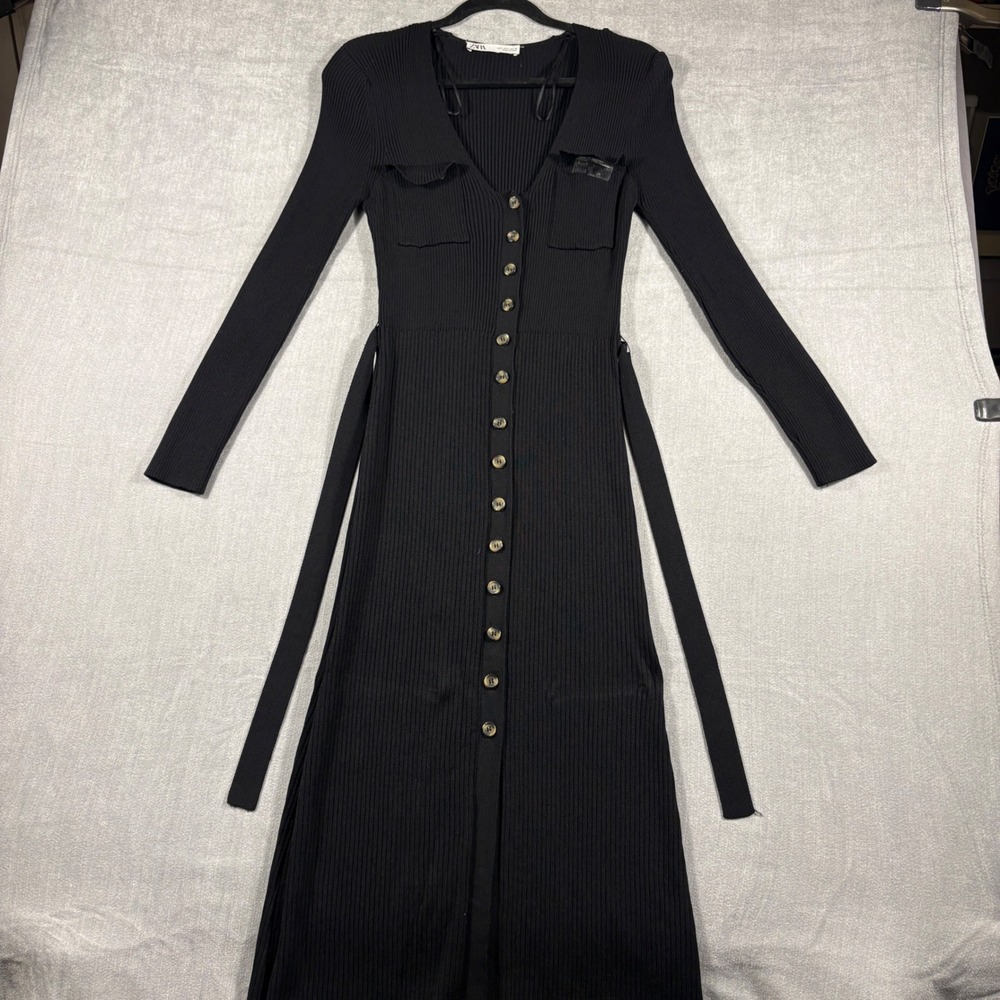 Zara Womens Black Ribbed Knit Button Down Midi Dress Long Sleeve Size L